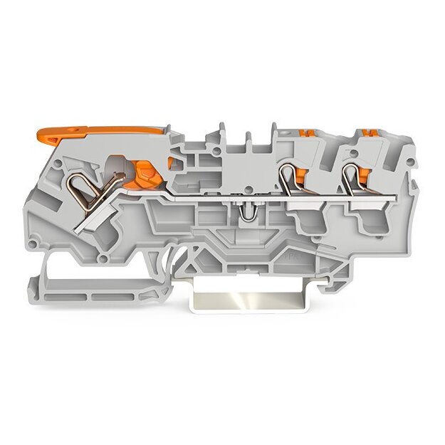 Wago 2104-5301 3-Leiter-Durchgangsklemme mit Hebel und Drücker 4 mm² mit Prüföffnung seitliche und mittige Beschriftung für Tragschiene 35 x 15 und 35 x 7,5 Push-in CAGE CLAMP® 4,00 mm² grau