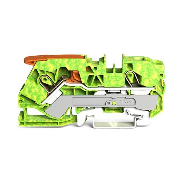 Wago 2110-1207 2-Leiter-Schutzleiterklemme mit Hebel und Push-in CAGE CLAMP® 10 mm² mit Prüföffnung seitliche und mittige Beschriftung für Tragschiene 35 x 15 und 35 x 7,5 Push-in CAGE CLAMP® 10,00 mm² grün-gelb