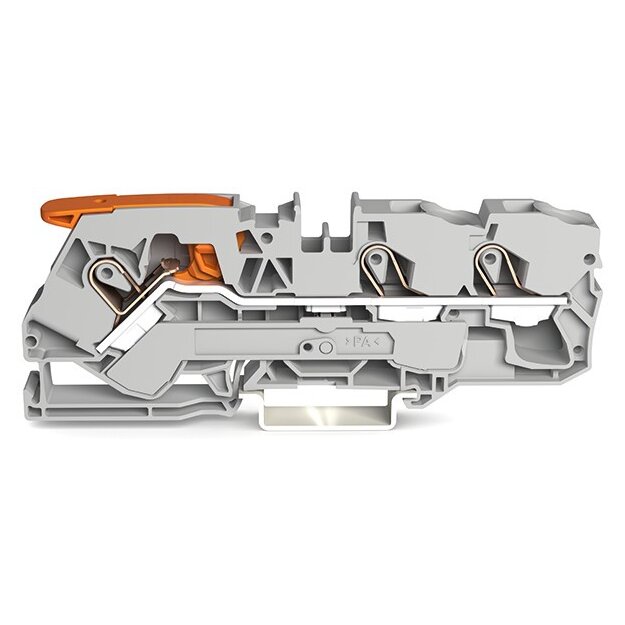 Wago 2110-1301 3-Leiter-Durchgangsklemme mit Hebel und Push-in CAGE CLAMP® 10 mm² mit Prüföffnung seitliche und mittige Beschriftung für Tragschiene 35 x 15 und 35 x 7,5 Push-in CAGE CLAMP® 10,00 mm² grau