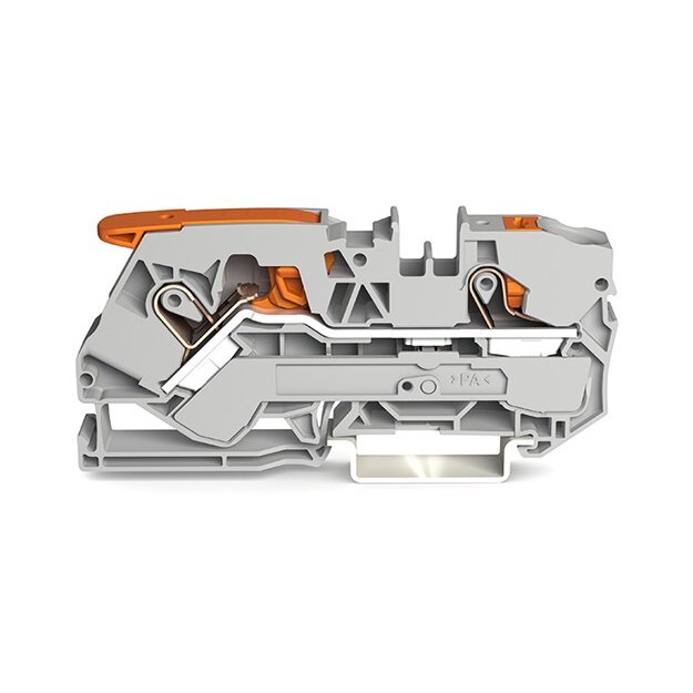 Wago 2110-5201 2-Leiter-Durchgangsklemme mit Hebel und Drücker 10 mm² mit Prüföffnung seitliche und mittige Beschriftung für Tragschiene 35 x 15 und 35 x 7,5 Push-in CAGE CLAMP® 10,00 mm² grau
