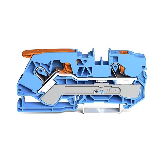 Wago 2110-5204 2-Leiter-Durchgangsklemme mit Hebel und Drücker 10 mm² mit Prüföffnung für Anwendungen Ex i geeignet seitliche und mittige Beschriftung für Tragschiene 35 x 15 und 35 x 7,5 Push-in CAGE CLAMP® 10,00 mm² blau