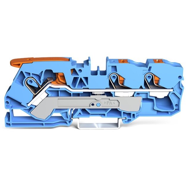 Wago 2110-5304 3-Leiter-Durchgangsklemme mit Hebel und Drücker 10 mm² mit Prüföffnung für Anwendungen Ex i geeignet seitliche und mittige Beschriftung für Tragschiene 35 x 15 und 35 x 7,5 Push-in CAGE CLAMP® 10,00 mm² blau