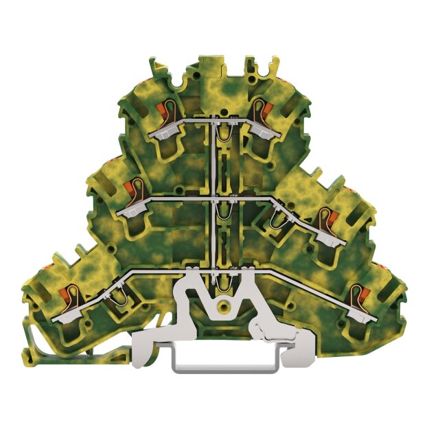 Wago 2202-3207 Dreistockklemme 6-Leiter-Schutzleiterklemme 2,5 mm² PE für Anwendungen Ex e II geeignet ohne Beschriftungsträger intern gebrückt für Tragschiene 35 x 15 und 35 x 7,5 Push-in CAGE CLAMP® 2,50 mm² grün-gelb