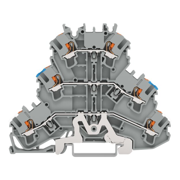 Wago 2202-3218 Dreistockklemme Schirmleiter-/Durchgangs-/Durchgangsklemme 2,5 mm² Schirmung/N/L ohne Beschriftungsträger für Tragschiene 35 x 15 und 35 x 7,5 Push-in CAGE CLAMP® 2,50 mm² grau