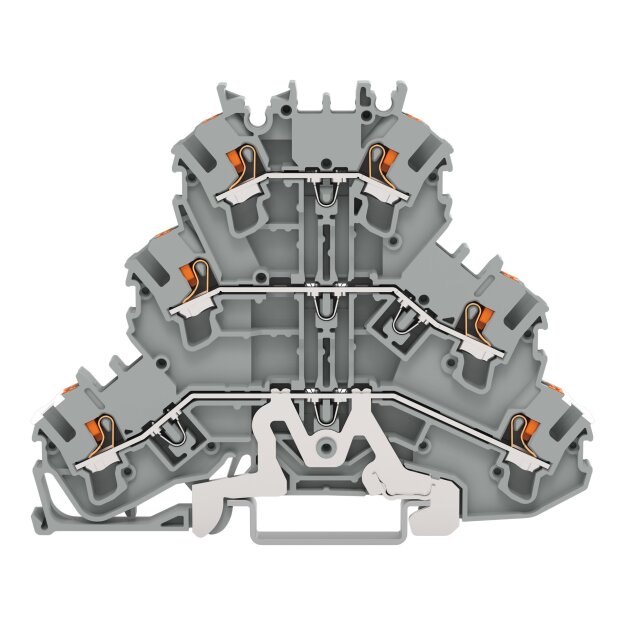 Wago 2202-3228 Dreistockklemme Schirmleiter-/Durchgangs-/Durchgangsklemme 2,5 mm² Schirmung/L/L ohne Beschriftungsträger für Tragschiene 35 x 15 und 35 x 7,5 Push-in CAGE CLAMP® 2,50 mm² grau