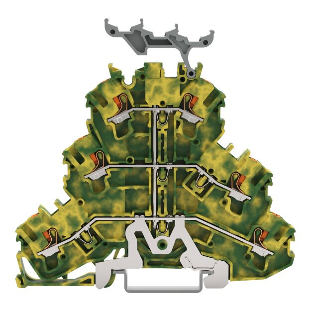 Wago 2202-3237 Dreistockklemme 6-Leiter-Schutzleiterklemme 2,5 mm² PE für Anwendungen Ex e II geeignet mit Beschriftungsträger intern gebrückt für Tragschiene 35 x 15 und 35 x 7,5 Push-in CAGE CLAMP® 2,50 mm² grün-gelb