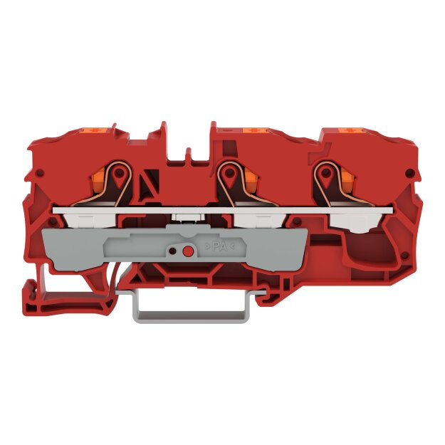 Wago 2210-1303 3-Leiter-Durchgangsklemme mit Drücker 10 mm² mit Prüföffnung seitliche und mittige Beschriftung für Tragschiene 35 x 15 und 35 x 7,5 Push-in CAGE CLAMP® 10,00 mm² rot