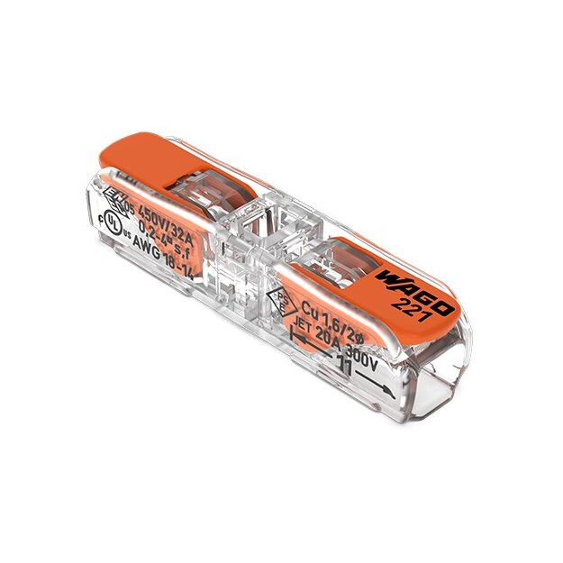 Wago 221-2411 Durchgangsverbinder mit Hebeln für alle Leiterarten max. 4 mm² 2 Leiter Gehäusefarbe transparent Deckelfarbe transparent Umgebungstemperatur max. 85 °C (T85) 4,00 mm² transparent