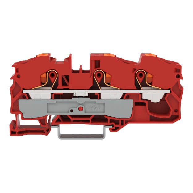 Wago 2216-1303 3-Leiter-Durchgangsklemme mit Drücker 16 mm² mit Prüföffnung seitliche und mittige Beschriftung für Tragschiene 35 x 15 und 35 x 7,5 Push-in CAGE CLAMP® 16,00 mm² rot