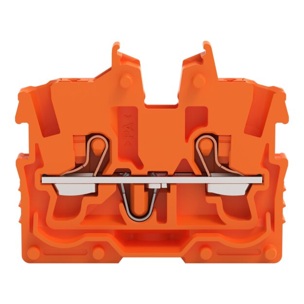 Wago 2250-302 2-Leiter-Mini-Durchgangsklemme mit Drücker 1 mm² Endklemme mit Befestigungsflansch seitliche und mittige Beschriftung mit Prüföffnung Push-in CAGE CLAMP® 1,00 mm² orange