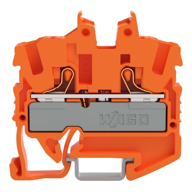 Wago 2252-1202 2-Leiter-Mini-Durchgangsklemme mit Drücker 2,5 mm² mit Prüföffnung seitliche und mittige Beschriftung für Tragschiene 15 Push-in CAGE CLAMP® 2,50 mm² orange