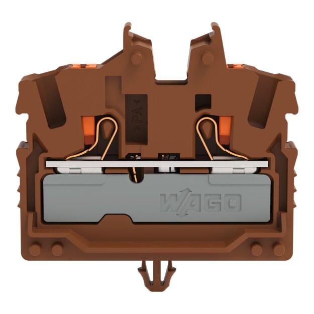 Wago 2252-311/000-014 2-Leiter-Mini-Durchgangsklemme mit Drücker 2,5 mm² mit Rastfuß seitliche und mittige Beschriftung mit Prüföffnung Push-in CAGE CLAMP® 2,50 mm² braun
