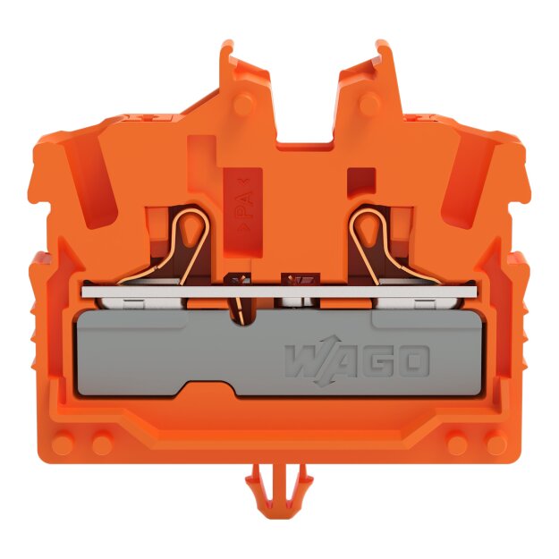 Wago 2252-312 2-Leiter-Mini-Durchgangsklemme mit Drücker 2,5 mm² mit Rastfuß seitliche und mittige Beschriftung mit Prüföffnung Push-in CAGE CLAMP® 2,50 mm² orange