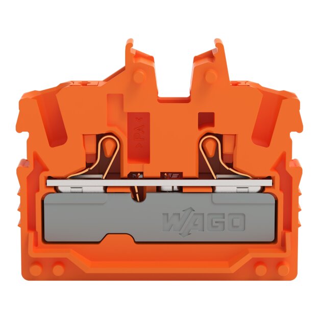 Wago 2252-322 2-Leiter-Mini-Durchgangsklemme mit Drücker 2,5 mm² Mittelklemme ohne Rastfuß, ohne Flansch seitliche und mittige Beschriftung mit Prüföffnung Push-in CAGE CLAMP® 2,50 mm² orange