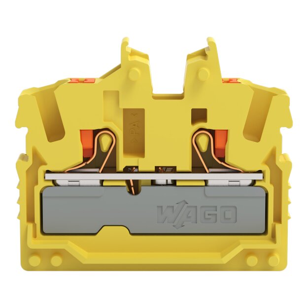 Wago 2252-326 2-Leiter-Mini-Durchgangsklemme mit Drücker 2,5 mm² Mittelklemme ohne Rastfuß, ohne Flansch seitliche und mittige Beschriftung mit Prüföffnung Push-in CAGE CLAMP® 2,50 mm² gelb