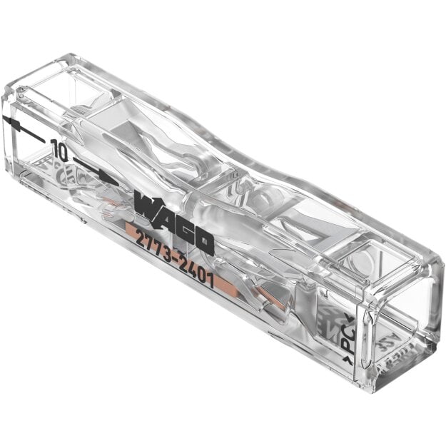 Wago 2773-2401 Durchgangsverbinder zum Stecken für ein- und mehrdrähtige Leiter max. 4 mm² 2 Leiter Gehäusefarbe transparent Deckelfarbe transparent Umgebungstemperatur max. 85 °C (T85) 4,00 mm² transparent