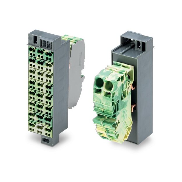 Wago 726-622 Potentialblock Aufdruck 1-24 mit 2 Einspeiseklemmen inkl. Abschlussplatte Kammerfarbe einheitlich grün-gelb Kammerkennzeichnung in senkrechter Linie für 19"-Gestelle Schmale Bauform 2,50 mm² dunkelgrau