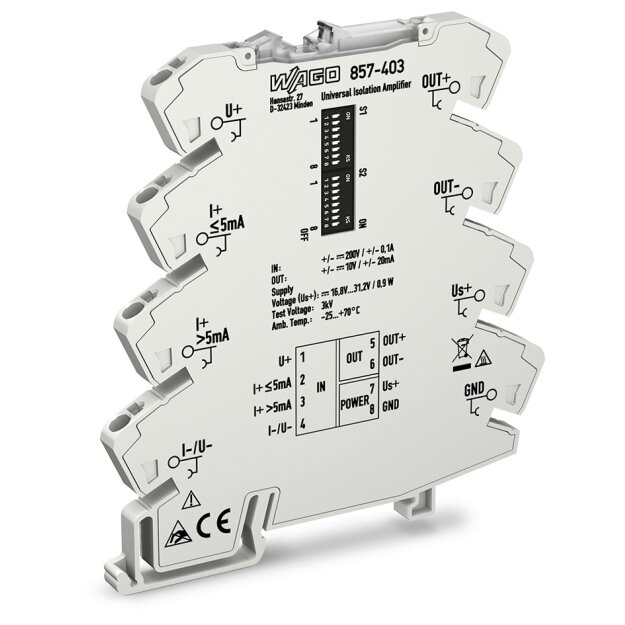 Wago 857-403 Trennverstärker Strom- und Spannungseingangssignal bipolares Strom- und Spannungsausgangssignal Konfiguration per DIP Schalter Versorgungsspannung DC 24 V 6 mm Baubreite 2,50 mm²