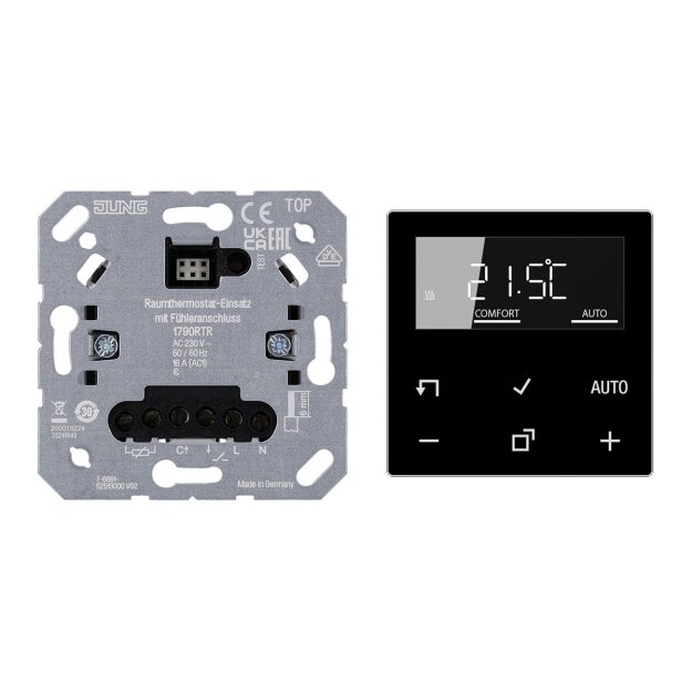 JUNG HOME RaumthermostatSet 1790RTR Raumtemperaturregler-Einsatz Fühleranschluss + BTA1791SW Raumthermostat-Display Glas Schwarz Serie A