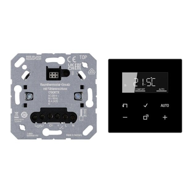JUNG HOME Raumthermostat Set 1790RTREinsatz + BTA1791SW Display Glas Schwarz