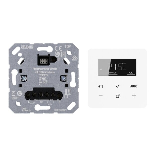 JUNG HOME Raumthermostat Set 1790RTR Einsatz /BTCD1791WW Display Glas Alpinweiß