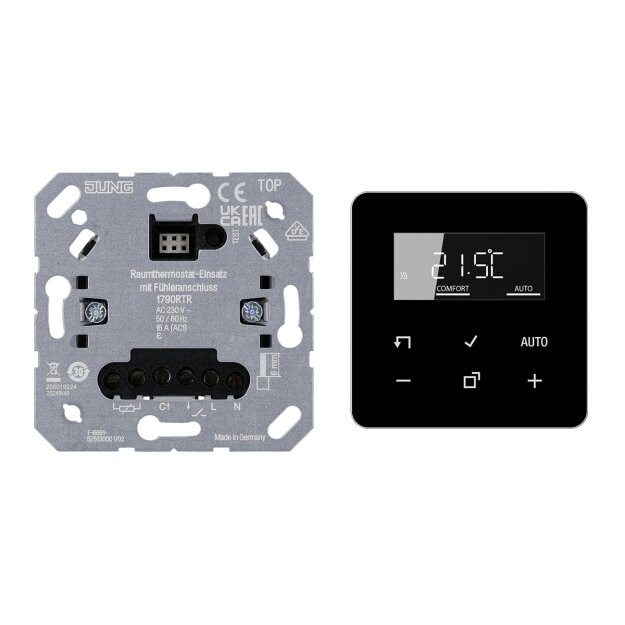 JUNG HOME Raumthermostat-Set 1790RTR Einsatz & BTCD1791SW Display Glas Schwarz
