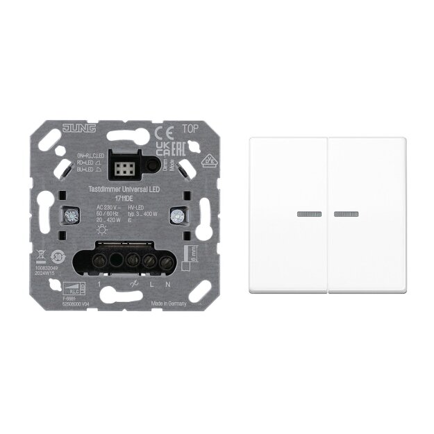 JUNG HOME Tastdimmer Universal LED + BTA17102BFWW Taster 2-fach Alpinweiß