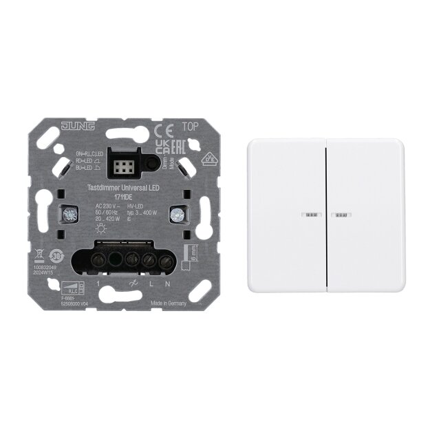 JUNG HOME Tastdimmer Universal LED + BTCD17102BFWW Taster 2-fach Alpinweiß