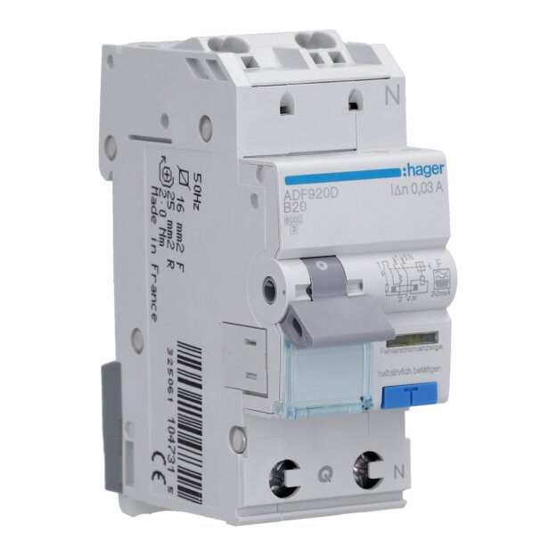Hager ADF920D Fehlerstrom-Leitungsschutzschalter 1P+N 6kA B-20A 30mA Typ F QuickConnect