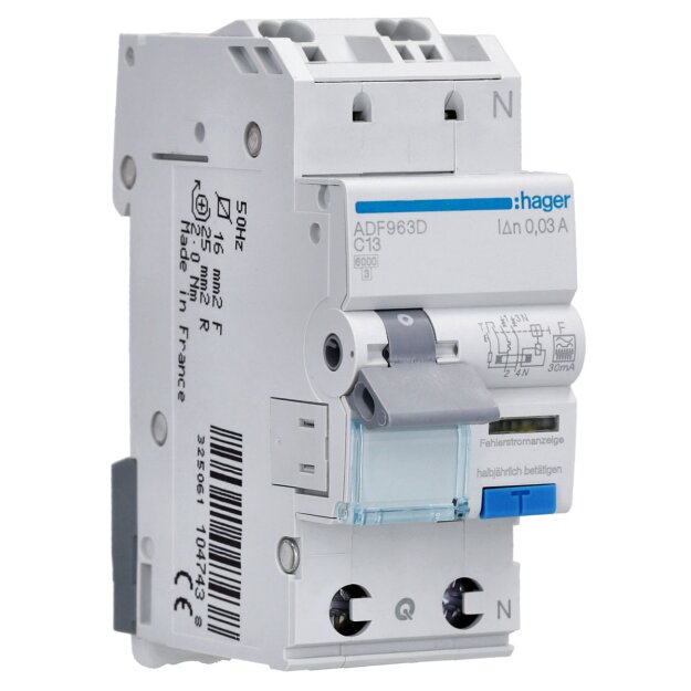 Hager ADF963D Fehlerstrom-Leitungsschutzschalter 1P+N 6kA C-13A 30mA Typ F QuickConnect
