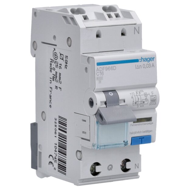 Hager ADF966D Fehlerstrom-Leitungsschutzschalter 1P+N 6kA C-16A 30mA Typ F QuickConnect