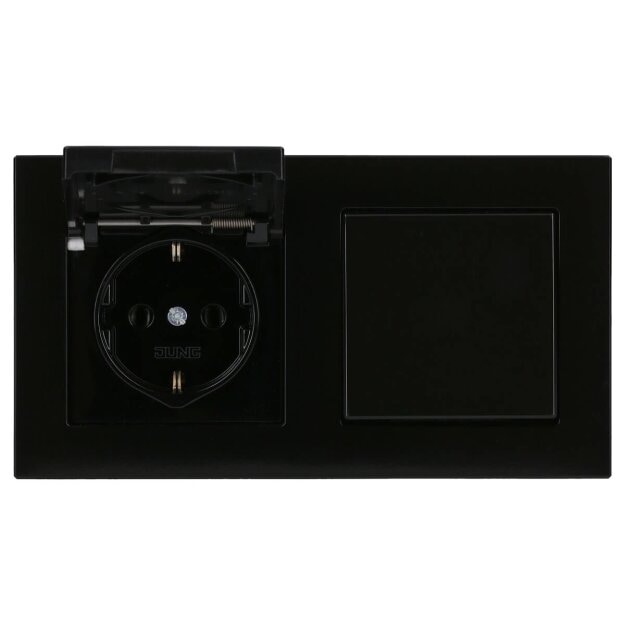 Jung Schuko Set Schwarz Serie A AC582SW Rahmen 2-fach + 2x A1520KLSW SCHUKO® Steckdose mit Klappdeckel