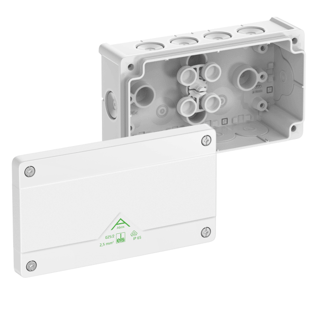 Spelsberg 80210201 Abzweigkasten Schutzart IP66 max. Leiterquerschnitt 25² Schlagfestigkeit IK07 Schutzklasse II Ui 1000V AC Ui 1000V DC DLG VDE halogenfrei Abox 025/2-L/w