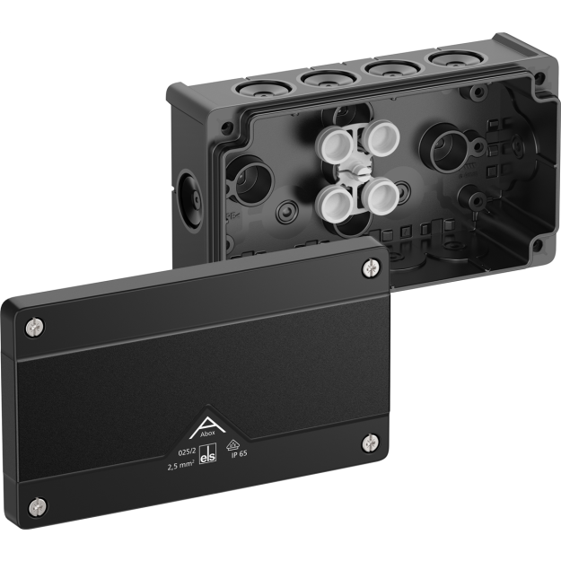 Spelsberg 80200201 Abzweigkasten Schutzart IP66 max. Leiterquerschnitt 25² Schlagfestigkeit IK07 Schutzklasse II Ui 1000V AC Ui 1000V DC DLG VDE halogenfrei Abox 025/2-L/sw