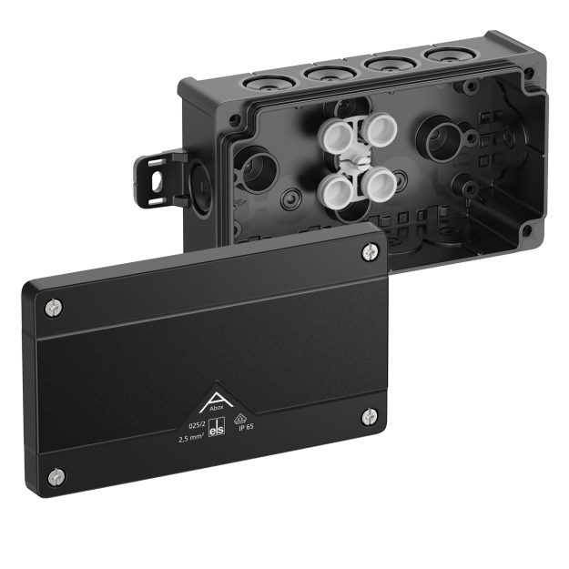 Spelsberg 80200301 Abzweigkasten Schutzart IP66 max. Leiterquerschnitt 25² Schlagfestigkeit IK07 Schutzklasse II Ui 1000V AC Ui 1000V DC DLG VDE halogenfrei Abox 025/2 AB-L/sw
