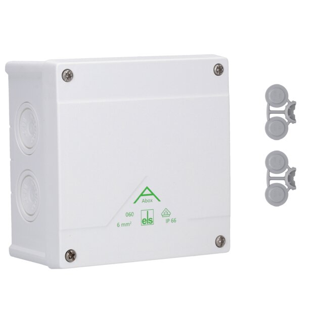 Spelsberg 80612001 Abzweigkasten Schutzart IP66 max. Leiterquerschnitt 6² Schlagfestigkeit IK07 Schutzklasse II Ui 690V AC Ui 690V DC DLG VDE halogenfrei Abox 060-6²/w