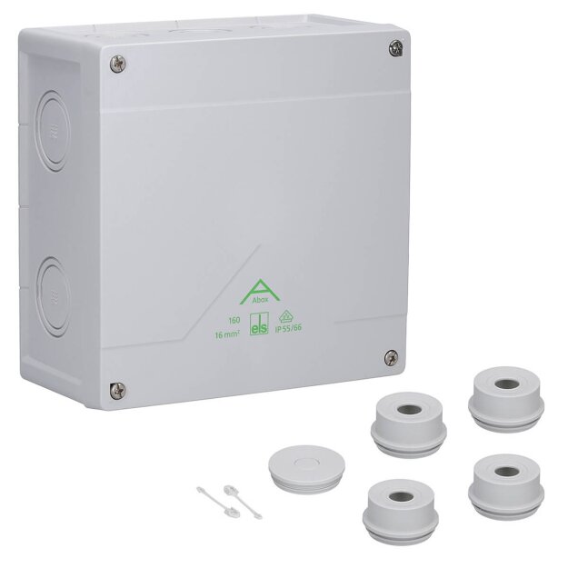 Spelsberg 81640001 Abzweigkasten Schutzart IP55/IP66 max. 16² Schlagfestigkeit IK07 Schutzklasse II Ui 1000V AC Ui 1000V DC DLG VDE halogenfrei Abox 160-L