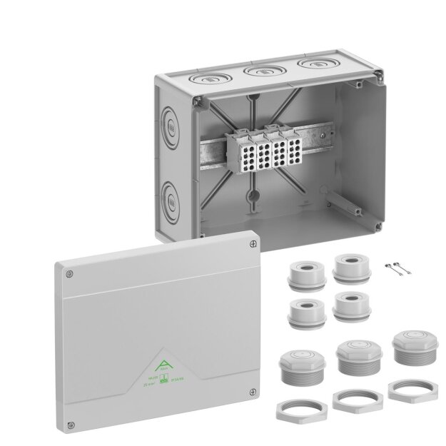 Spelsberg 48142501 Abzweigkasten Schutzart IP54/IP66  max. Leiterquerschnitt 25² Schlagfestigkeit IK07 Schutzklasse II Ui 690V AC Ui 690V DC DLG halogenfrei Abox HA 250