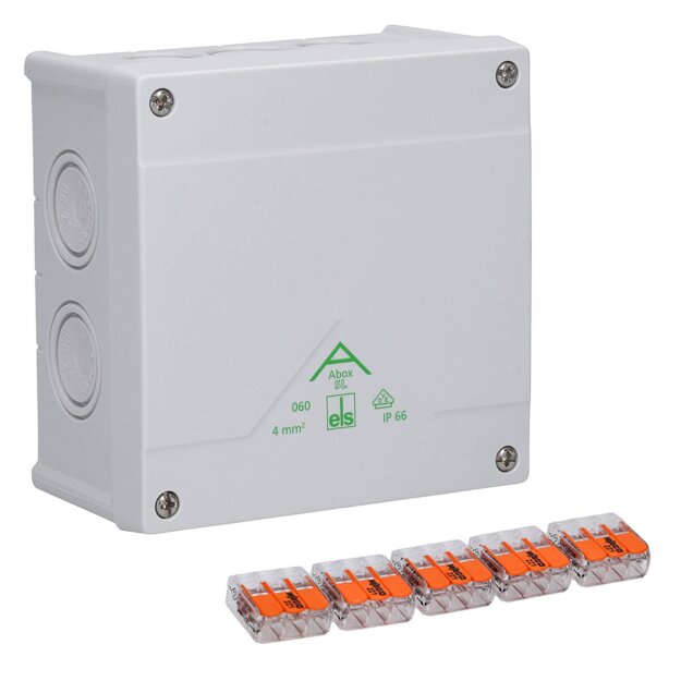 Spelsberg 80444001 Abzweigkasten Schutzart IP66 max. Leiterquerschnitt 4² Schlagfestigkeit IK07 Schutzklasse II Ui 450V AC Ui 450V DC DLG VDE halogenfrei Abox SL-4²