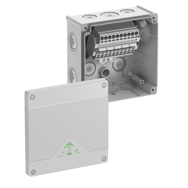 Spelsberg 80644001 Abzweigkasten Schutzart IP66 max. Leiterquerschnitt 6² Schlagfestigkeit IK07 Schutzklasse II Ui 690V AC Ui 690V DC DLG VDE halogenfrei Abox SL-6²