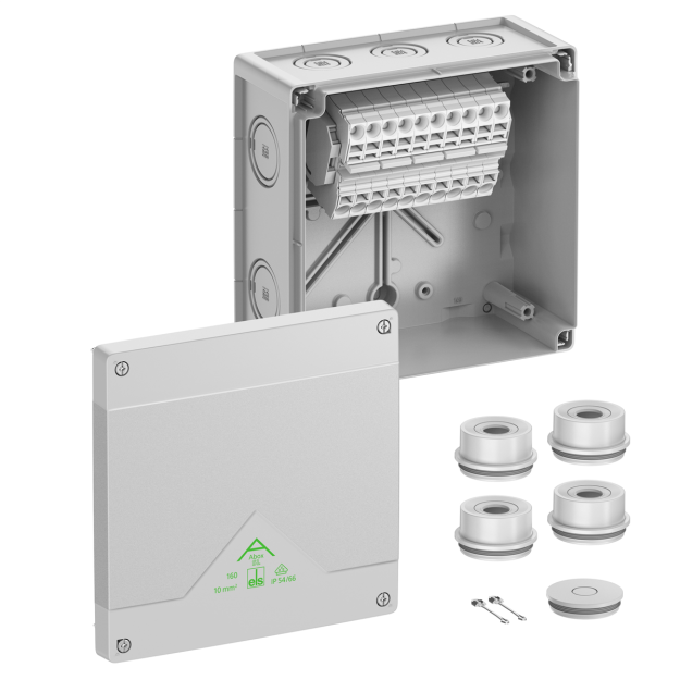 Spelsberg 81044001 Abzweigkasten Schutzart IP55/IP66 max. Leiterquerschnitt 10² Schlagfestigkeit IK07 Schutzklasse II Ui 690V AC Ui 690V DC DLG VDE halogenfrei Abox SL-10²