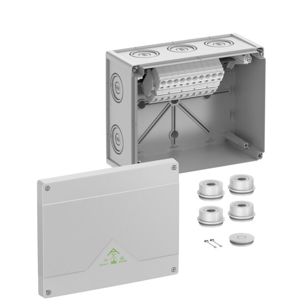 Spelsberg 81644001 Abzweigkasten Schutzart IP55/IP66 max. Leiterquerschnitt 16² Schlagfestigkeit IK07 Schutzklasse II Ui 690V AC Ui 690V DC DLG VDE halogenfrei Abox SL-16²