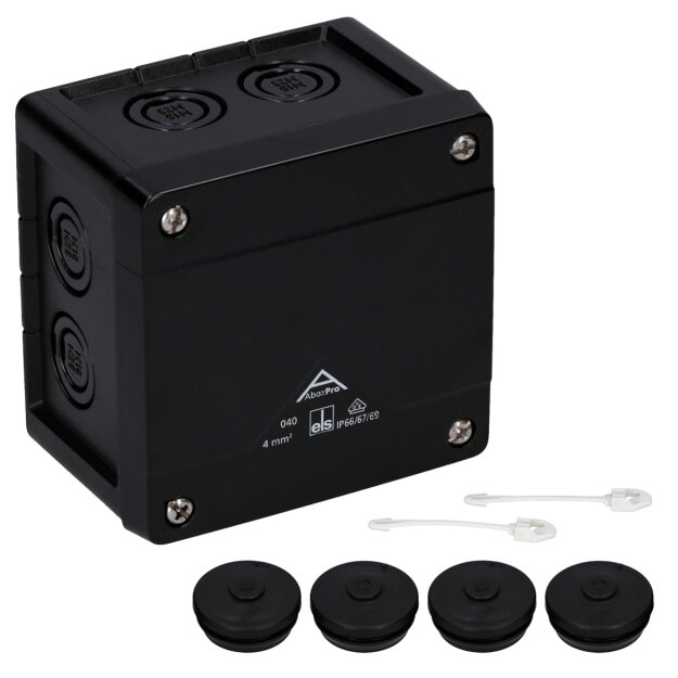 Spelsberg 40400001 Abzweigkasten Schutzart IP66/IP67/IP69 max. 4² Schlagfestigkeit IK09 Schutzklasse II Ui 1000V AC Ui 1000V DC DLG DNV VDE halogenfrei Abox Pro 040-L/sw