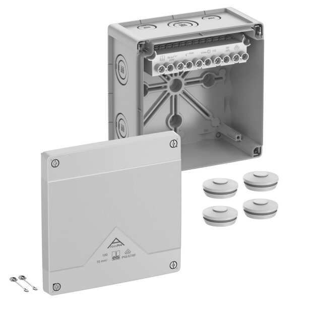 Spelsberg 41042001 Abzweigkasten Schutzart IP66/IP67/IP69 max. 10² Schlagfestigkeit IK09 Schutzklasse II Ui 690V AC Ui 690V DC DLG DNV VDE halogenfrei Abox Pro 100-10²