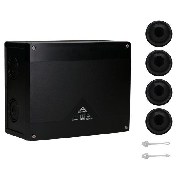 Spelsberg 42500001 Abzweigkasten Schutzart IP66/IP67/IP69 max. 25² Schlagfestigkeit IK09 Schutzklasse II Ui 1000V AC Ui 1000V DC DLG DNV VDE halogenfrei Abox Pro 250-L/sw