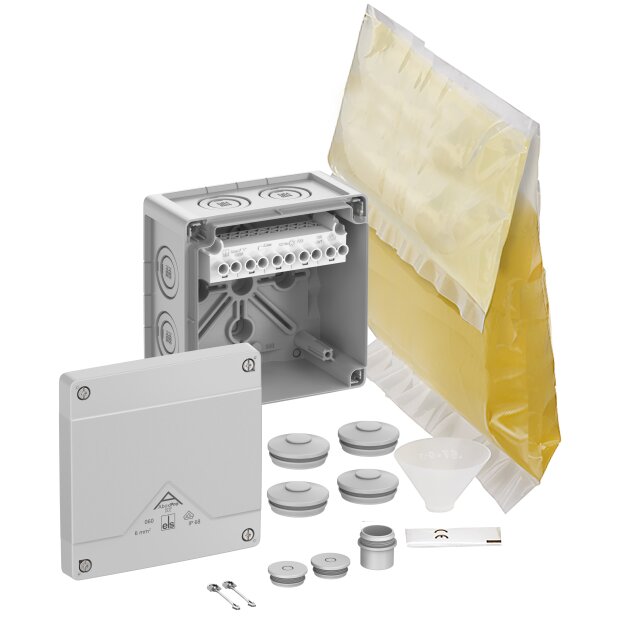 Spelsberg 40645001 Abzweigkasten Schutzart IP68 max. Leiterquerschnitt 6² Schlagfestigkeit IK09 Schutzklasse II Ui 690V AC Ui 690V DC VDE halogenfrei Abox Pro XT-6²