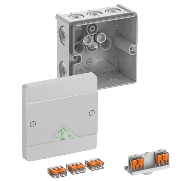 Spelsberg 80447001 Abzweigkasten Schutzart IP66 max. Leiterquerschnitt 4² Schlagfestigkeit IK07 Schutzklasse II Ui 450V AC Ui 450V DC DLG VDE halogenfrei Abox SLK-4²