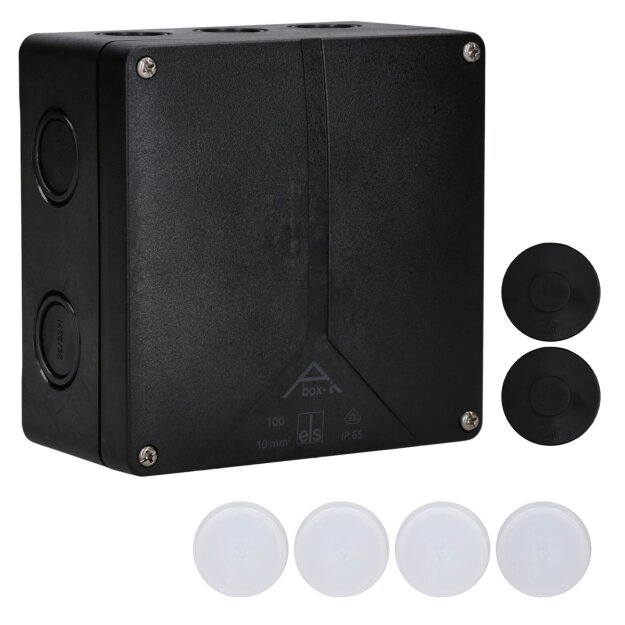 Spelsberg 49141005 Abzweigkasten schwarz Schutzart IP65 max. Leiterquerschnitt 6² Schlagfestigkeit IK08 Schutzklasse II Bemessungsspannung 400V AC halogenfrei Abox-i 100-ÜSS/sw