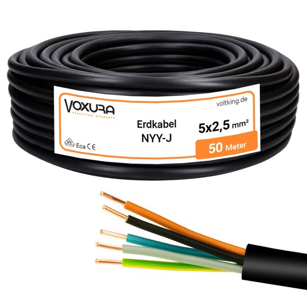 Erdkabel NYY-J 5x2,5 mm² 50m Ring 5-adrig PVC Schwarz