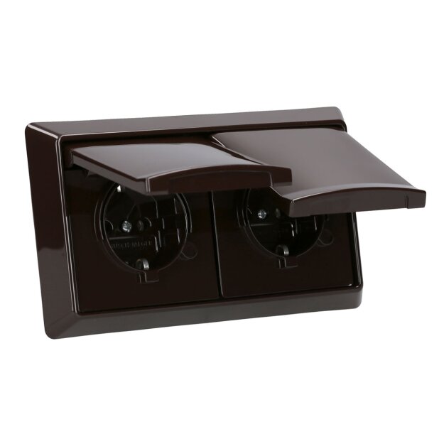 Busch-Jaeger Allwetter 44 Set: 2x SCHUKO Steckdose mit Klappdeckel 20 EUGK-31-101 IP 44 + 2-fach Rahmen 2102-31, Braun